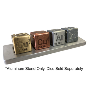 Photo of Aluminum dice stand as a visual of what it looks like with 4 dice displayed.